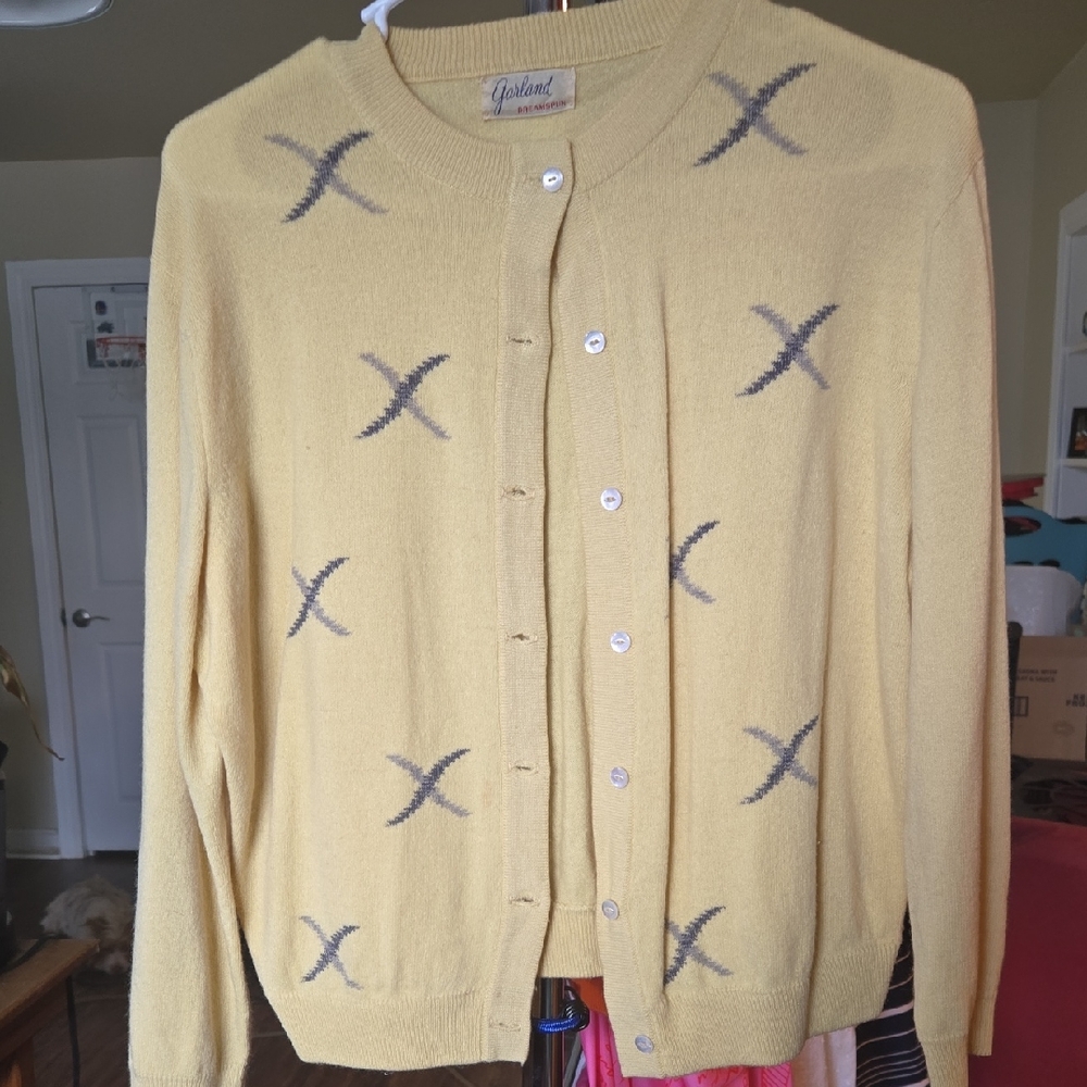 Yellow and Gray Knit Cardigan Sweater with X Pattern